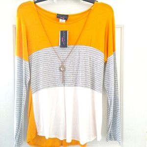 XL DISCREET Mustard Yellow, Grey, and White Top